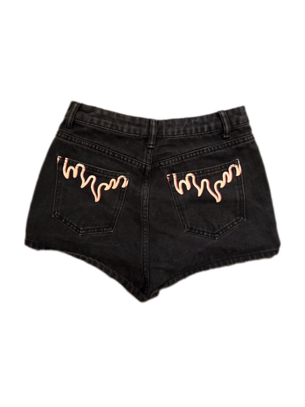 Black Women's High-Waist Denim Shorts with flame pocket detail
